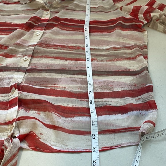 Chico's Red Gray Striped Blouse 3/4 sleeve semi sheer button front shirt 3 or XL - Picture 8 of 10